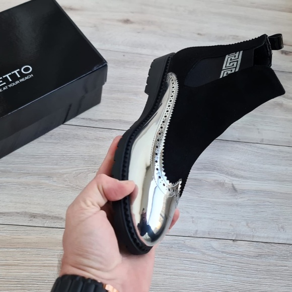 Black Silver Genuine Leather Chelsea Boots, Greek Pattern Boots - Picture 4 of 4